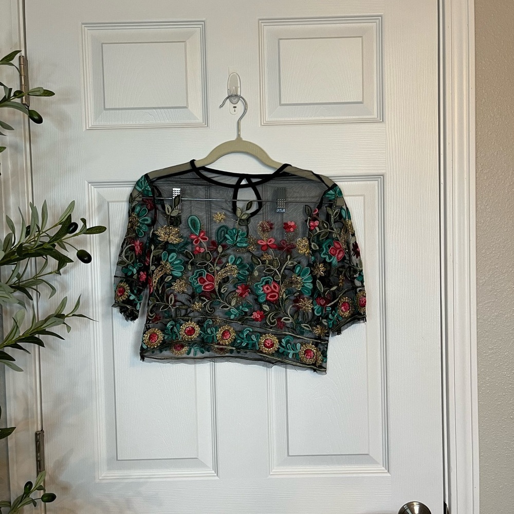 Floral Embroidered Sheer Black Top